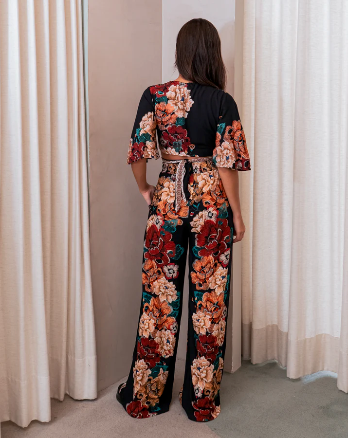 Calça Pantalona Estampa Floral Bordado