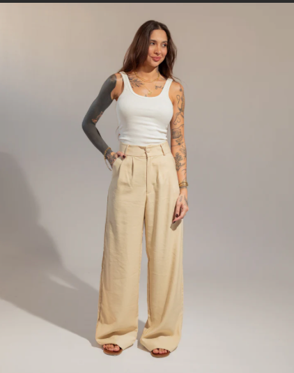 Calça Alfaiataria Botão Olga Areia