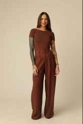 Calça Alfaiataria Botão Olga Marrom