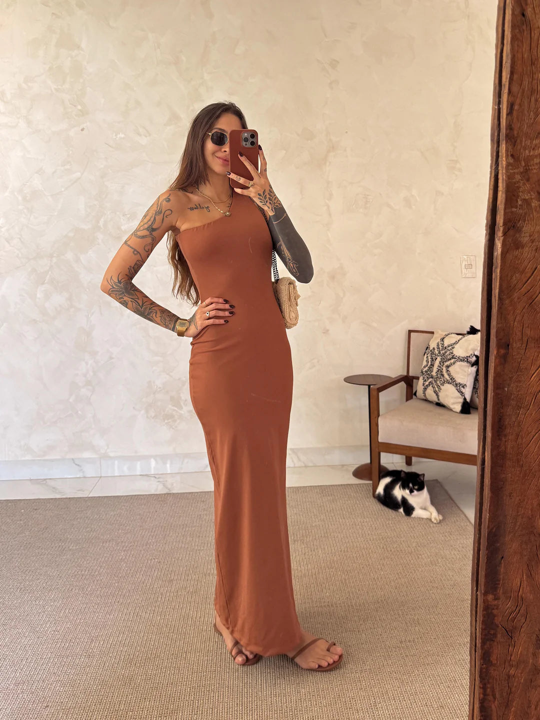 Vestido Poliamida Decote Assimétrico