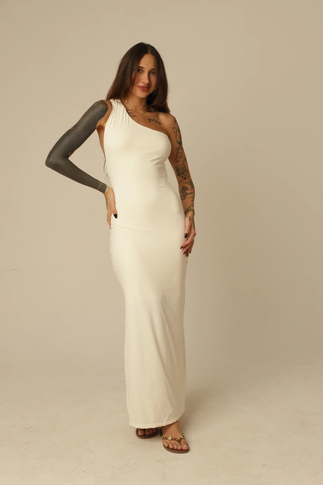 Vestido Poliamida Decote Assimétrico