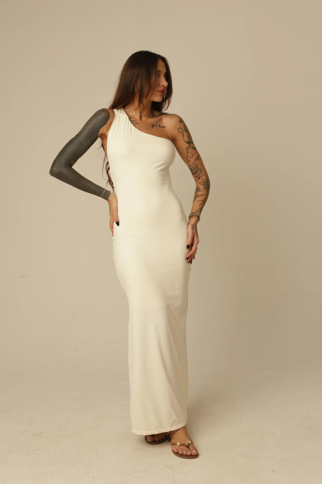 Vestido Poliamida Decote Assimétrico